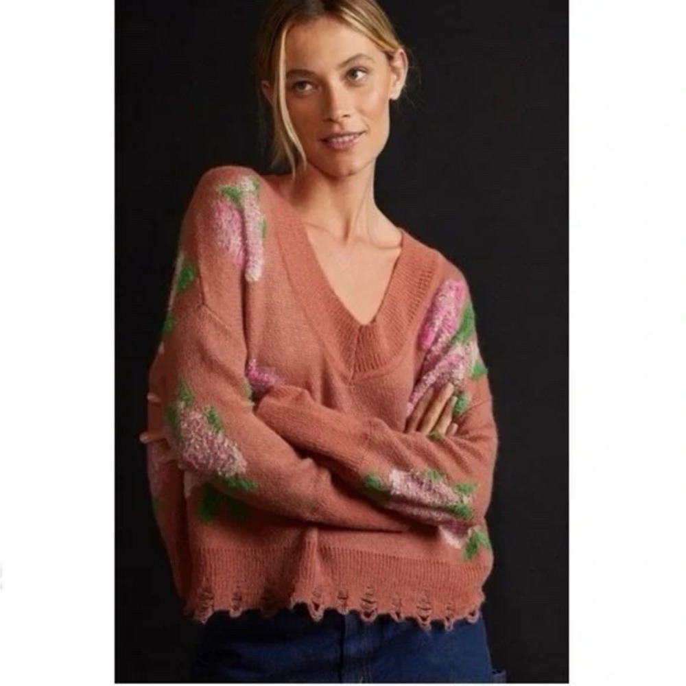Anthropologie Women's M Sweater Rust Floral Distressed V-Neck Pullover OB1571363